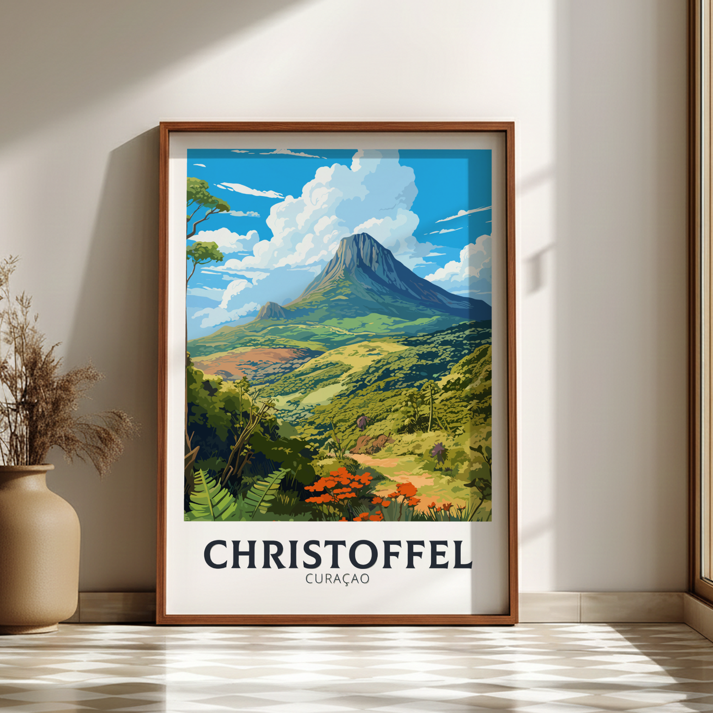 Framed artwork of a mountain landscape with 'Christoffel' text on a wall.