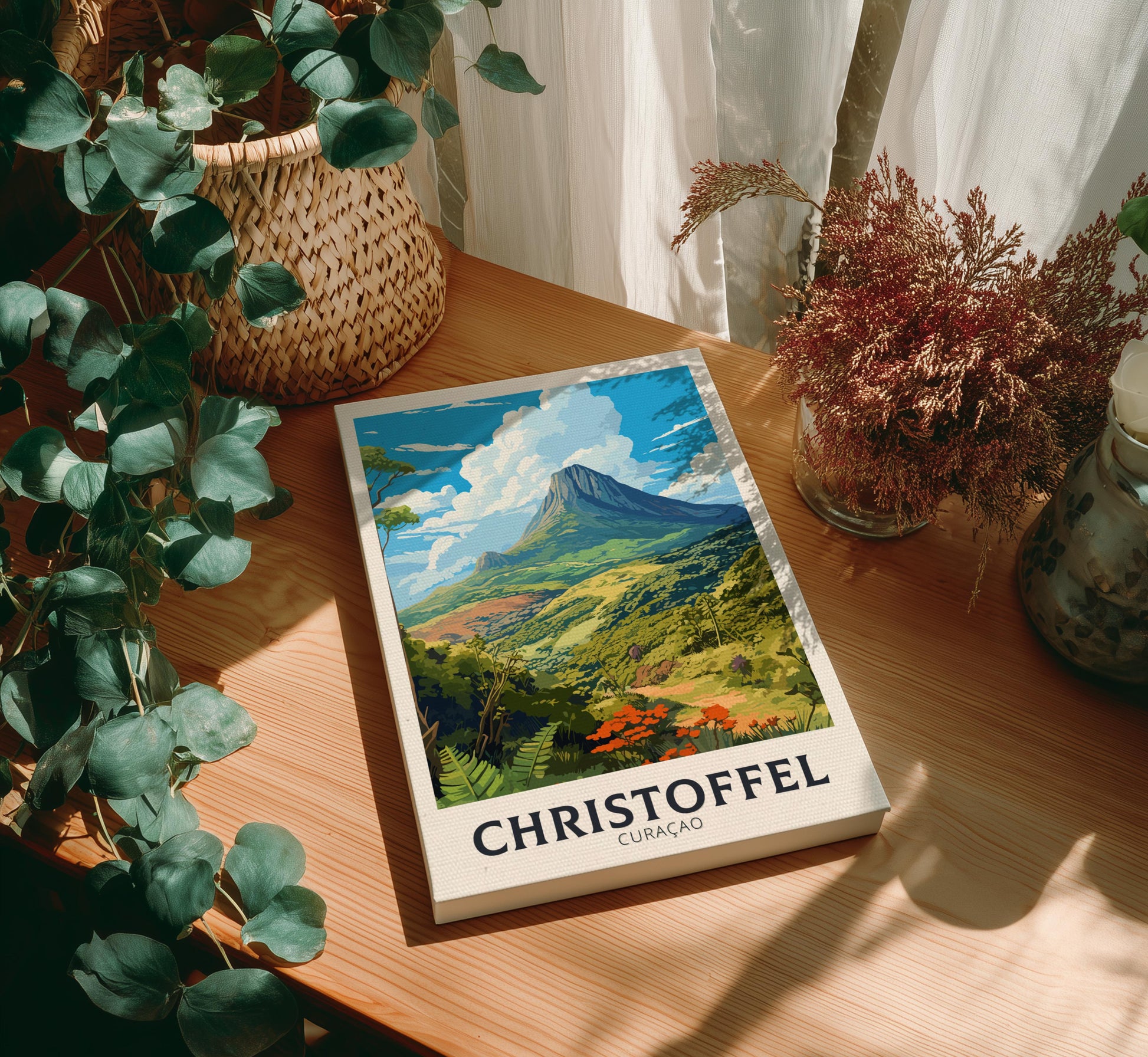 Book titled 'Christoffel' on a wooden surface with plants around