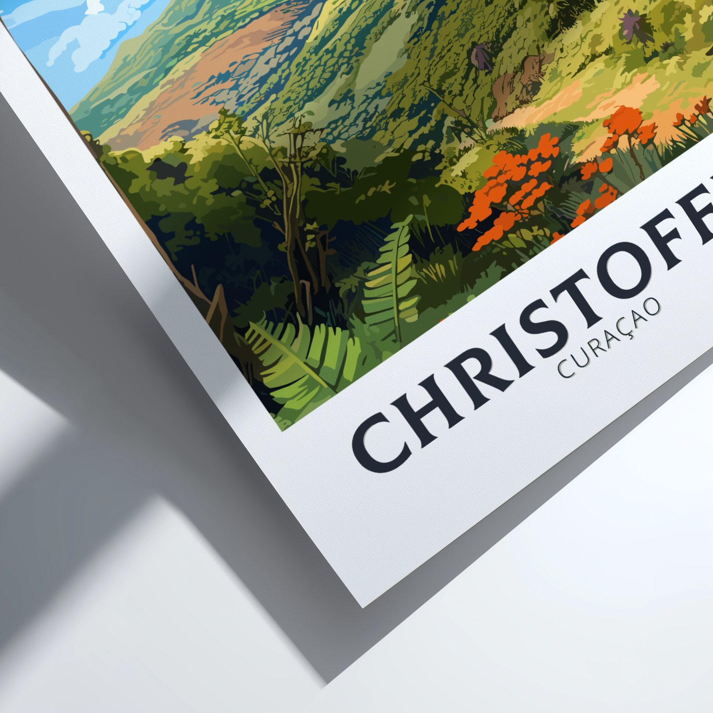 Framed artwork of a tropical landscape with 'Christoffel' branding.
