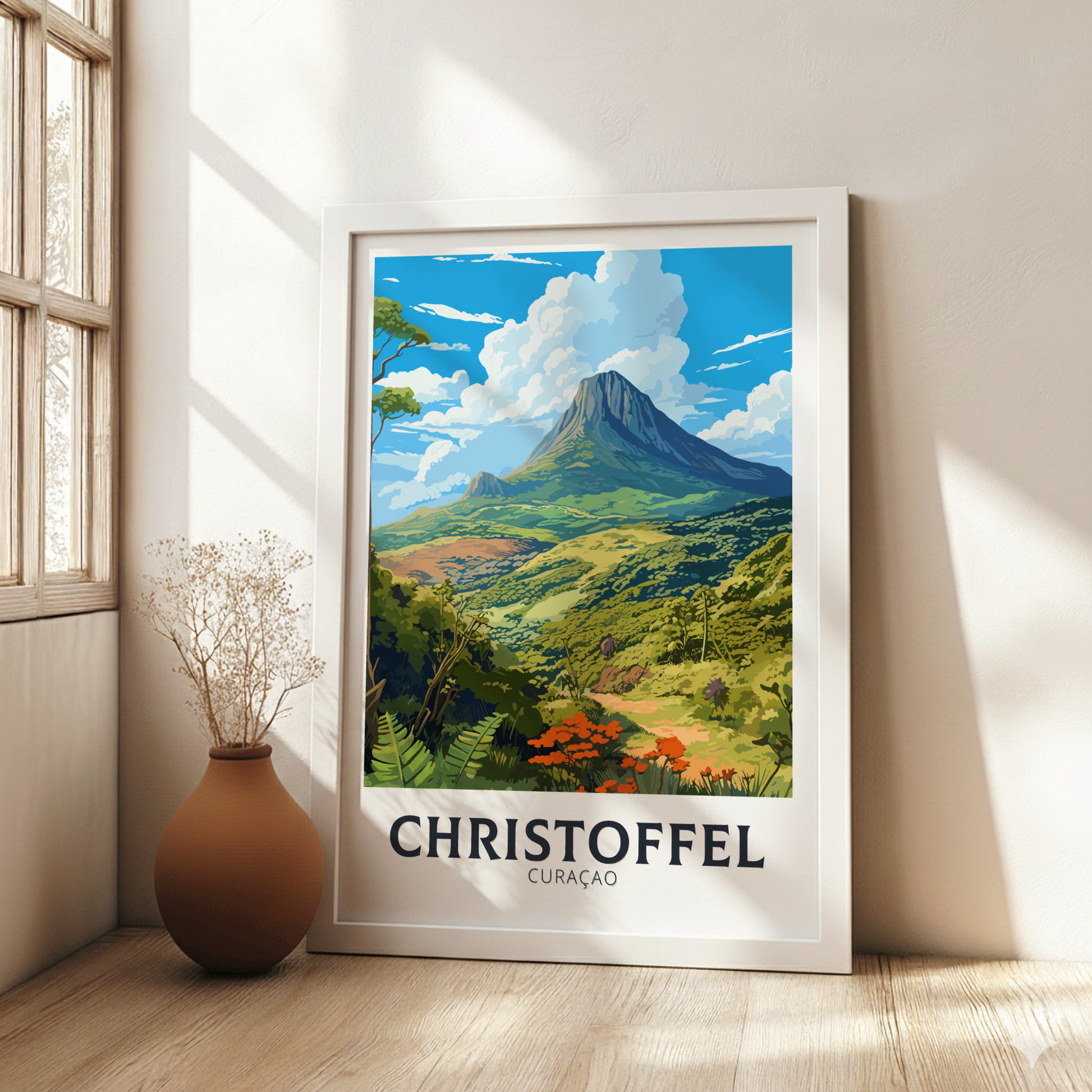 Framed artwork of a mountain landscape with 'Christoffel' text in a room with a vase and window.