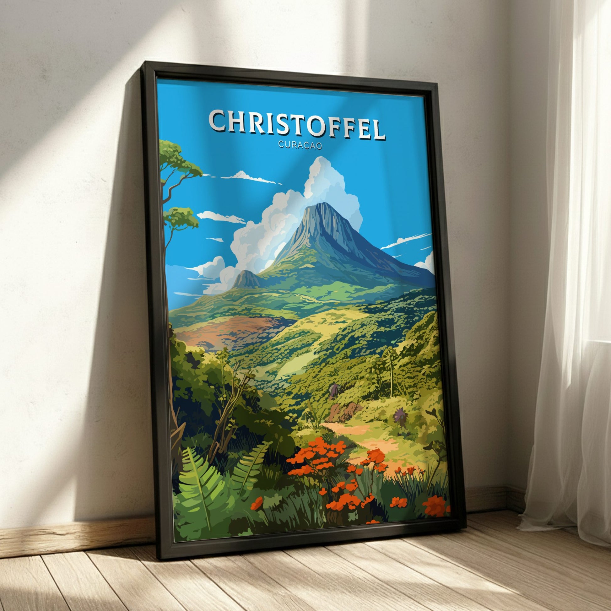Christoffel Curacao travel poster on a black wooden frame
