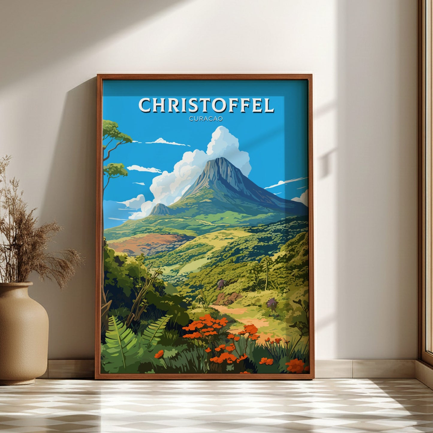 Christoffel Curacao travel poster on a dark wooden frame