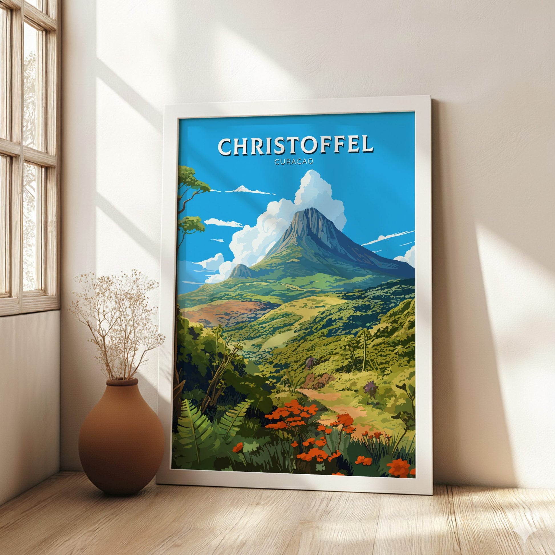 Christoffel Curacao travel poster on a white wooden frame