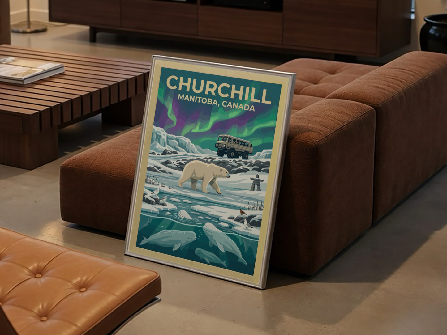 Travel poster of Churchill Manitoba featuring a polar bear, beluga whales, and aurora.