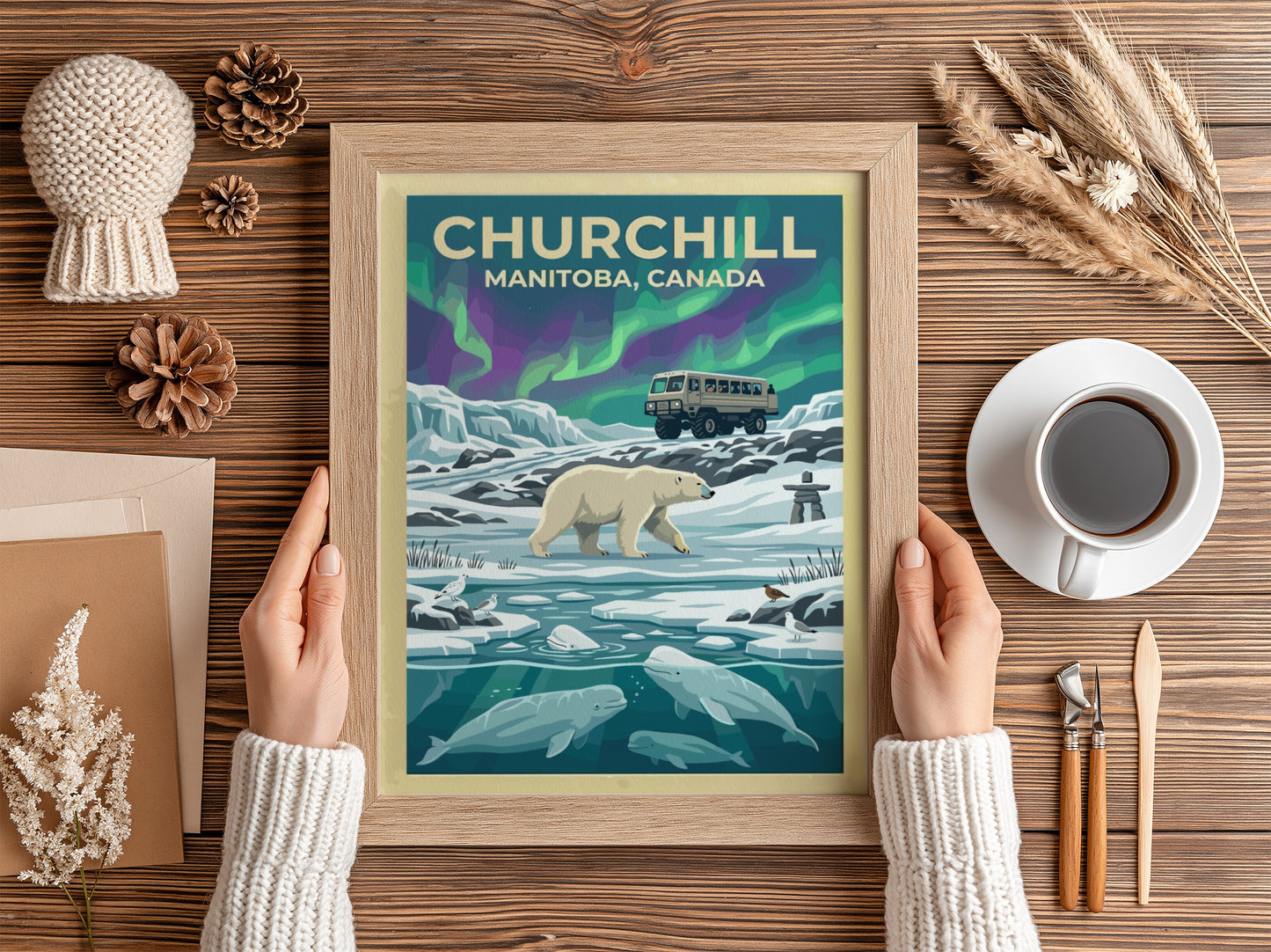 Travel poster of Churchill Manitoba featuring a polar bear, beluga whales, and aurora.