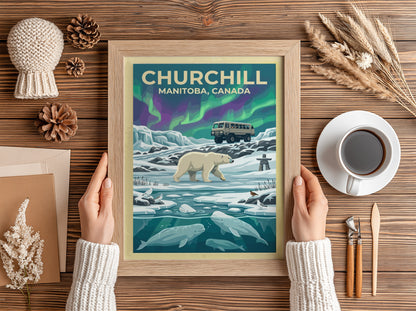 Travel poster of Churchill Manitoba featuring a polar bear, beluga whales, and aurora.