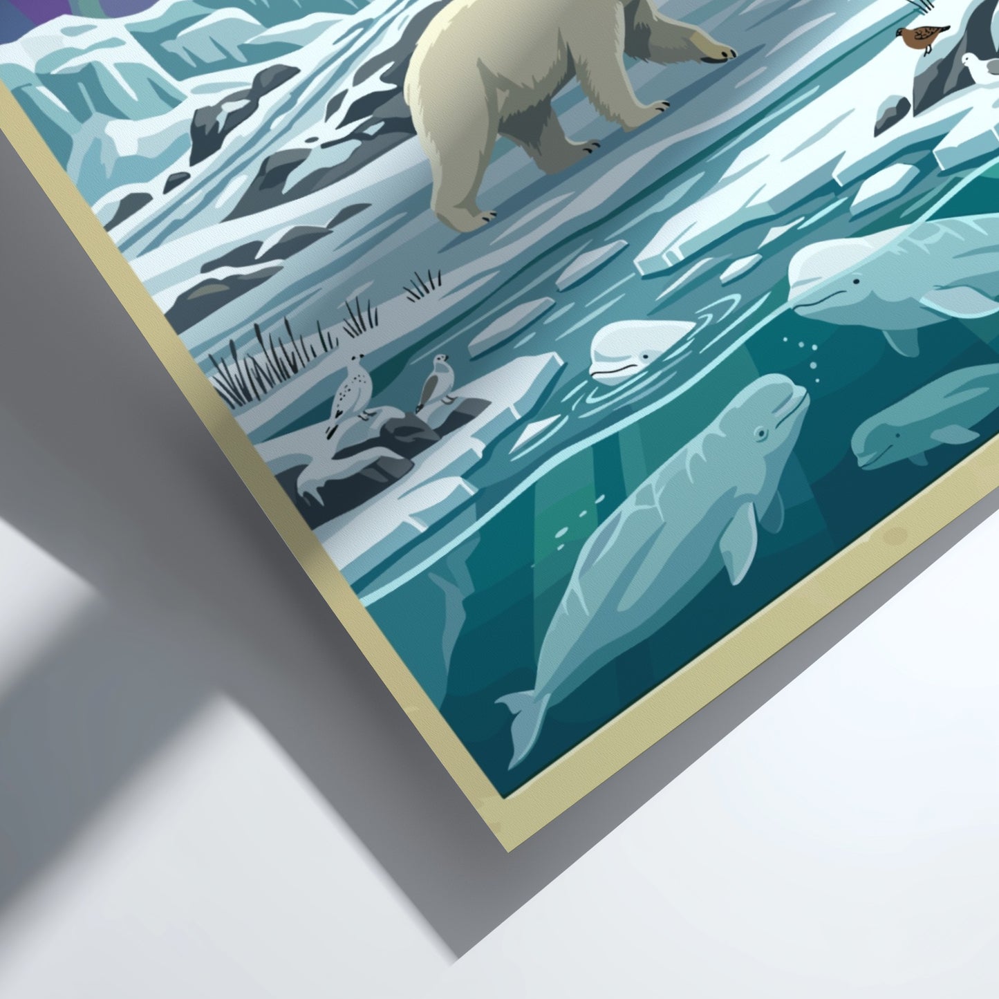 Travel poster of Churchill Manitoba featuring a polar bear, beluga whales, and aurora.