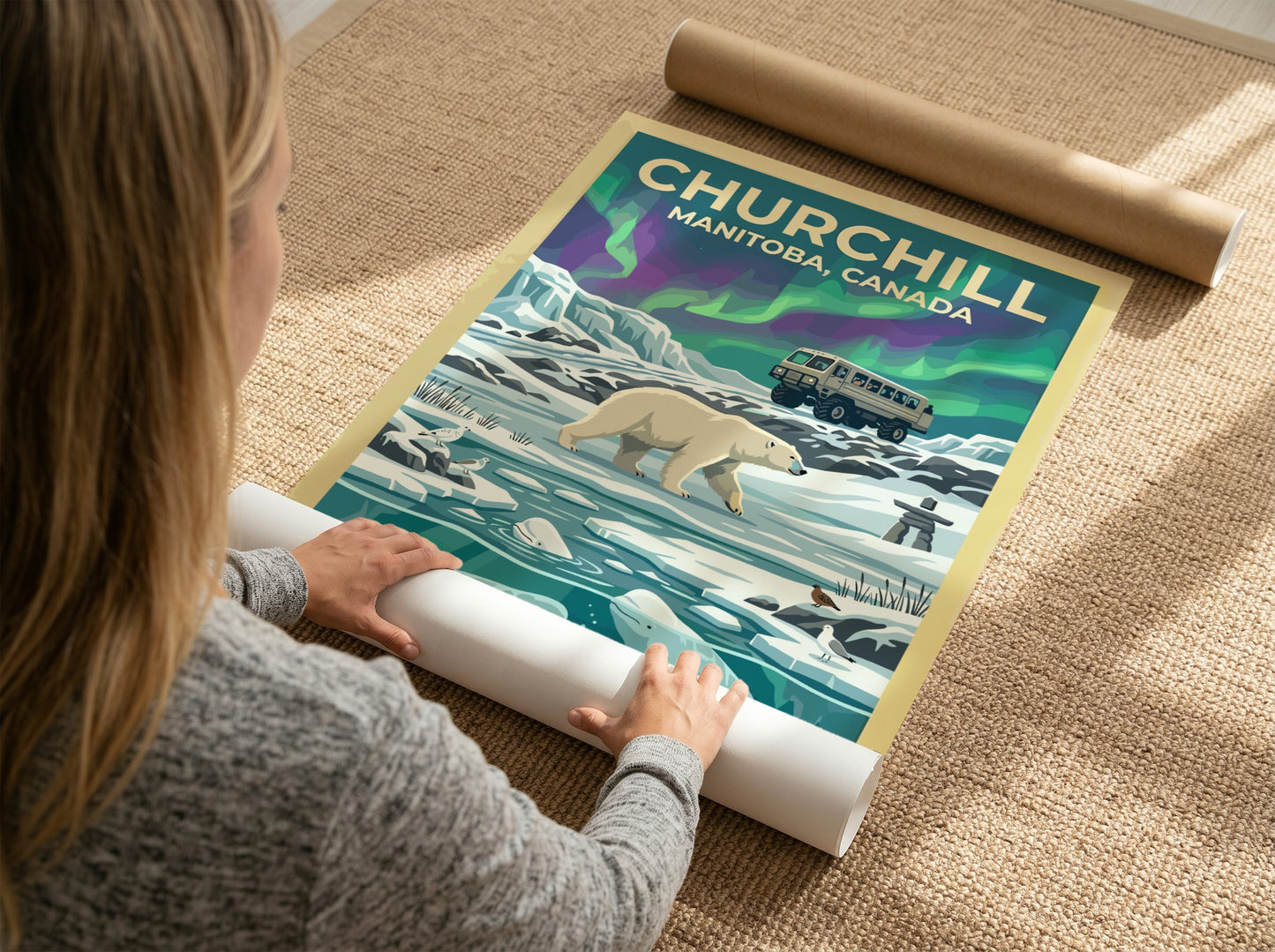 Travel poster of Churchill Manitoba featuring a polar bear, beluga whales, and aurora.