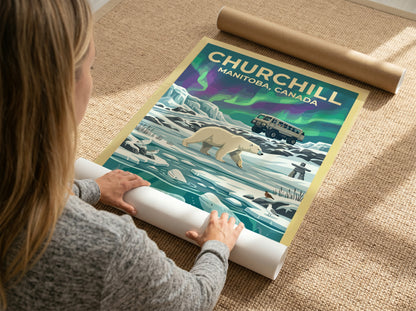 Travel poster of Churchill Manitoba featuring a polar bear, beluga whales, and aurora.