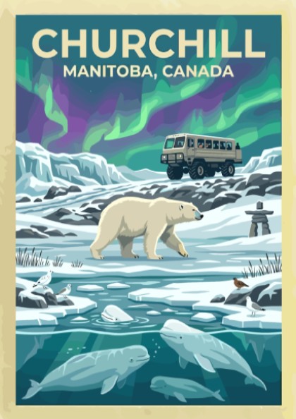 Travel poster of Churchill Manitoba featuring a polar bear, beluga whales, and aurora.