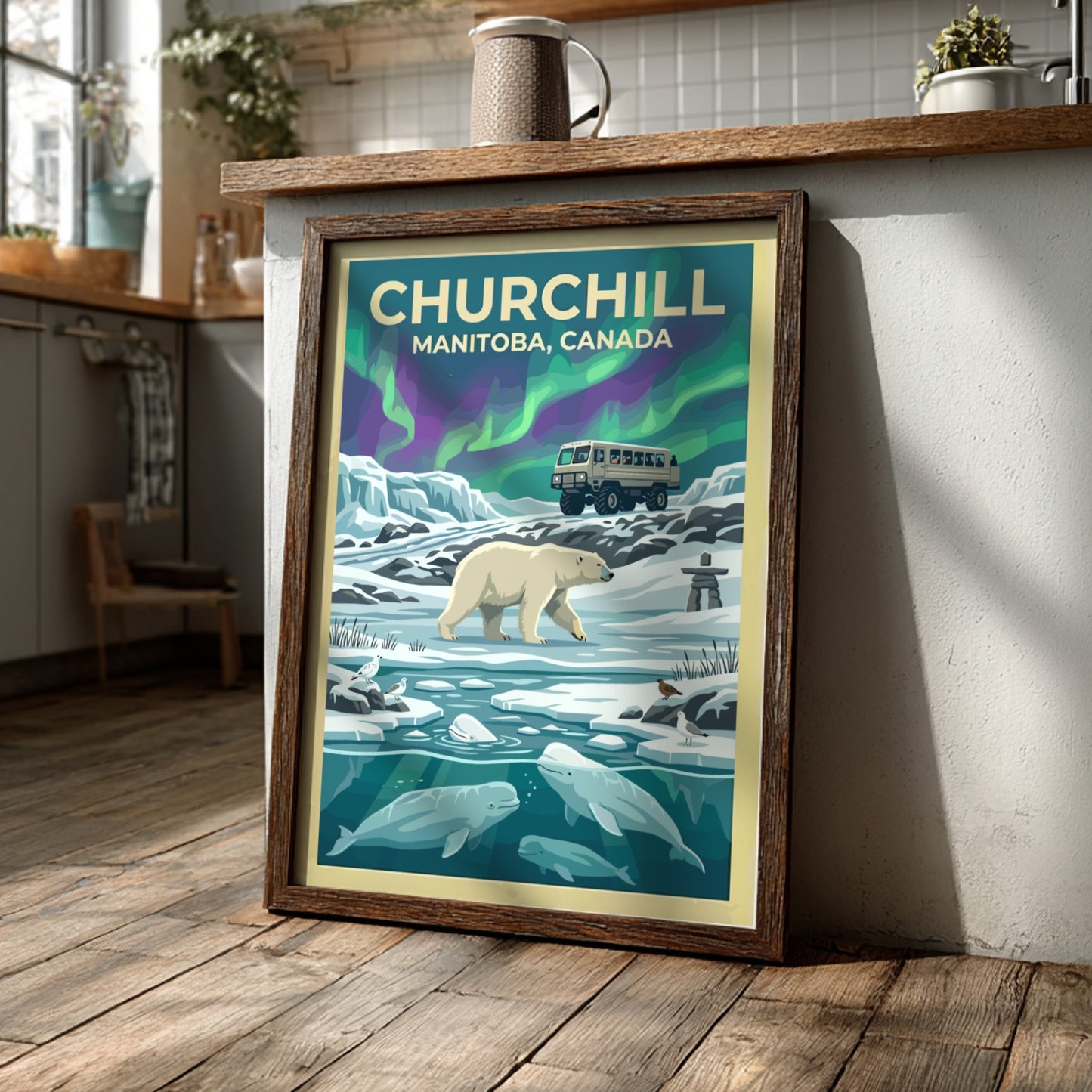 Travel poster of Churchill Manitoba featuring a polar bear, beluga whales, and aurora.