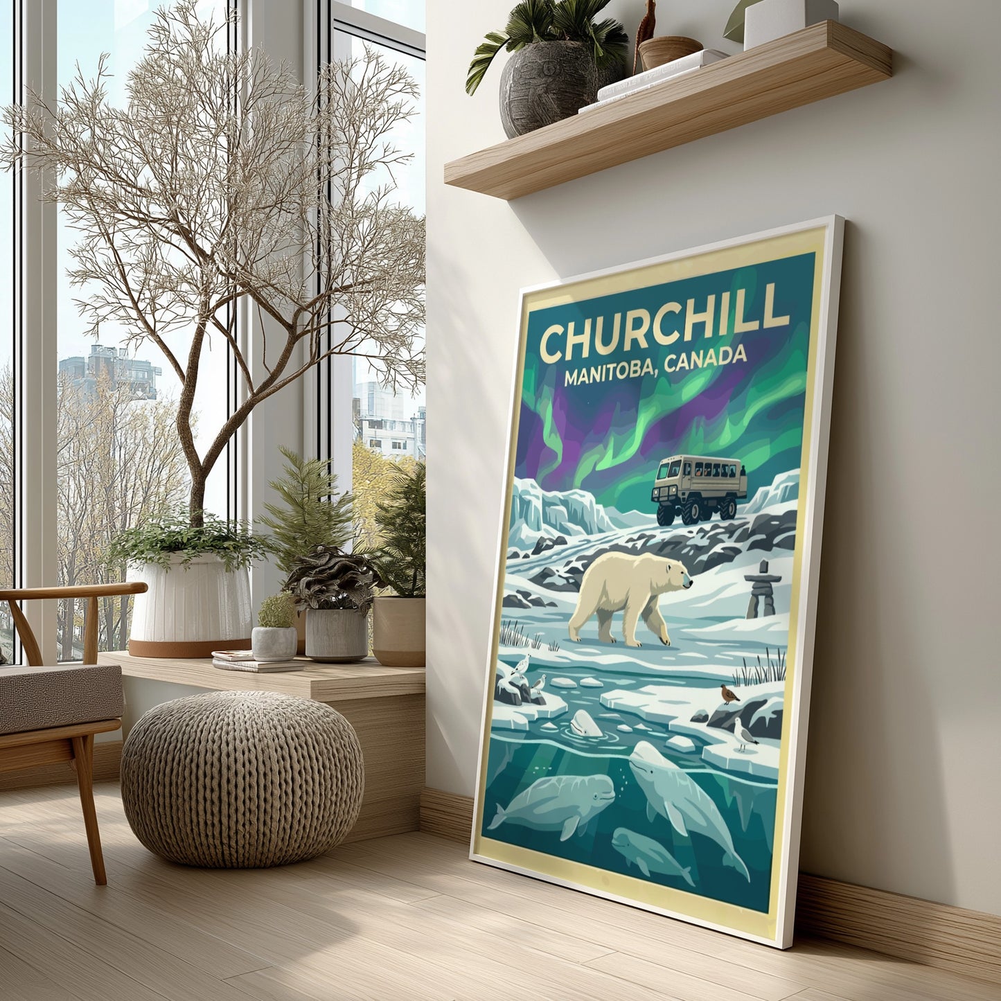 Travel poster of Churchill Manitoba featuring a polar bear, beluga whales, and aurora.