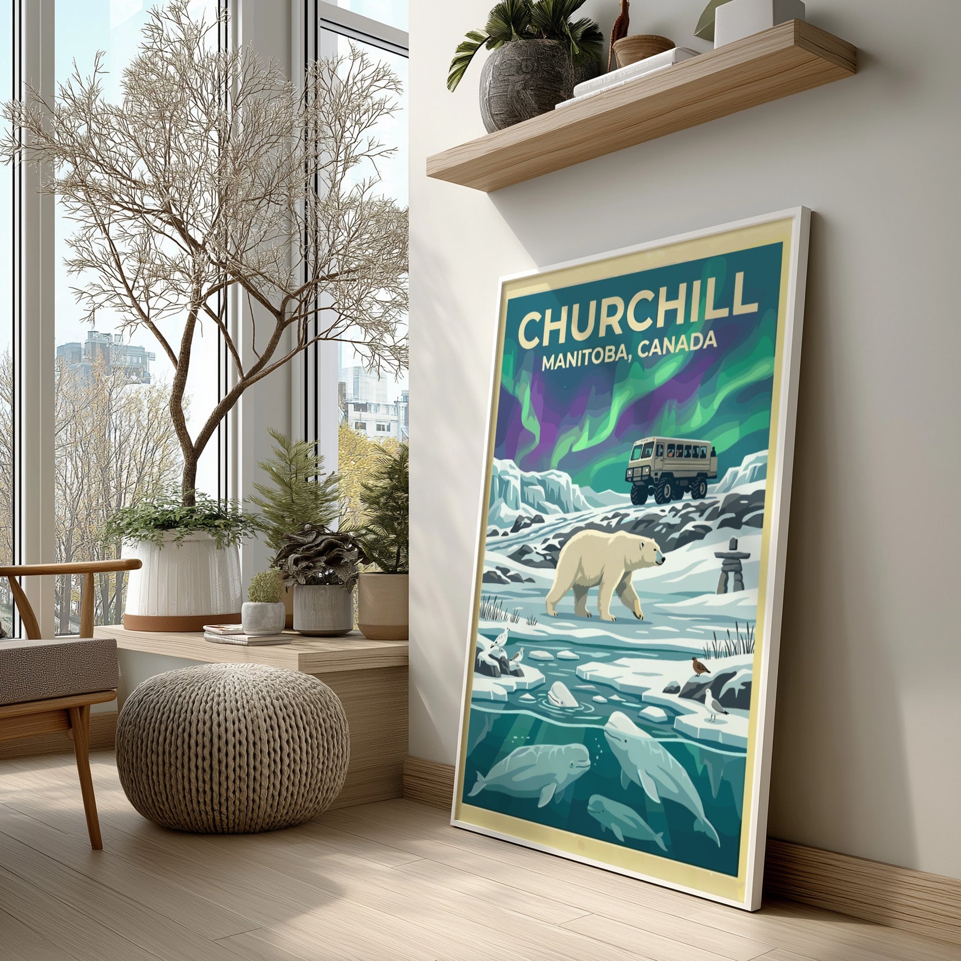 Travel poster of Churchill Manitoba featuring a polar bear, beluga whales, and aurora.