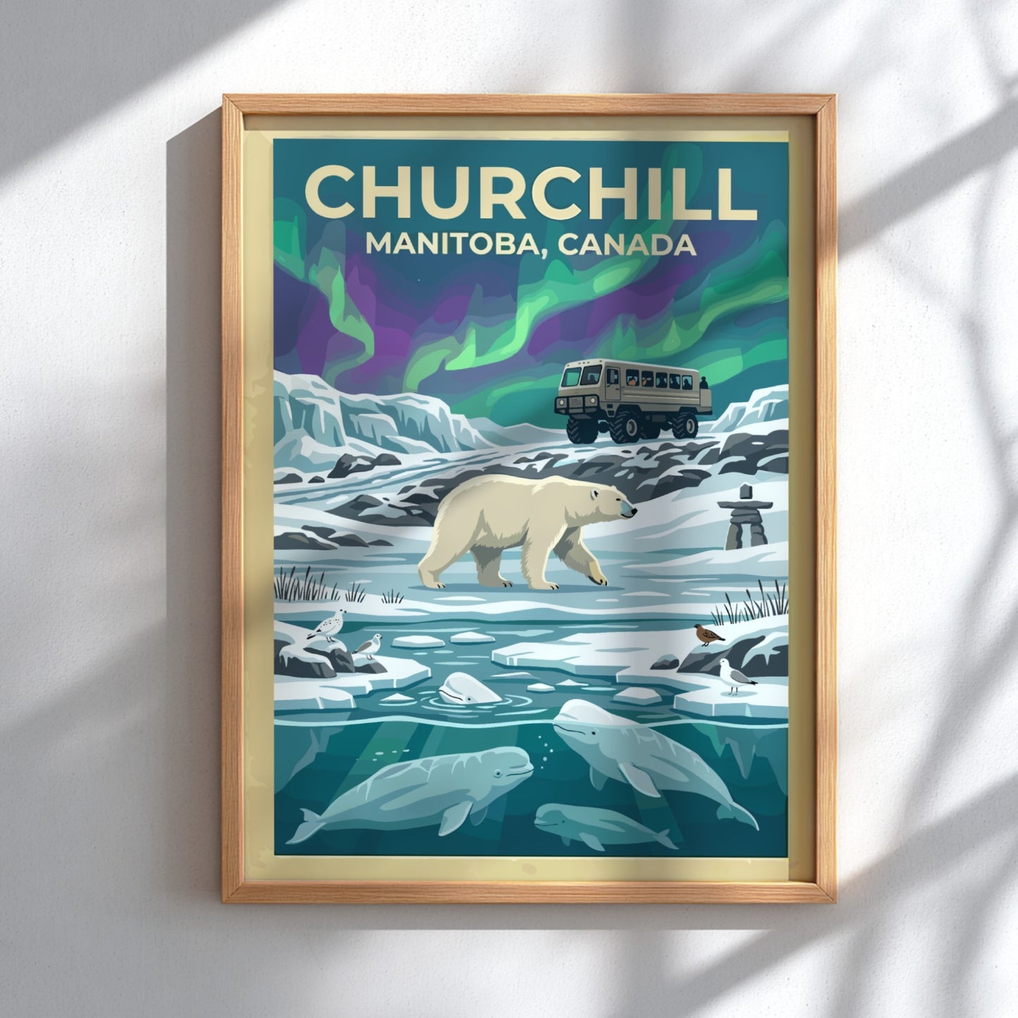 Travel poster of Churchill Manitoba featuring a polar bear, beluga whales, and aurora.