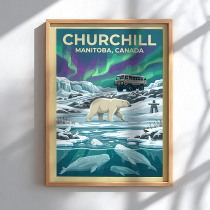 Travel poster of Churchill Manitoba featuring a polar bear, beluga whales, and aurora.