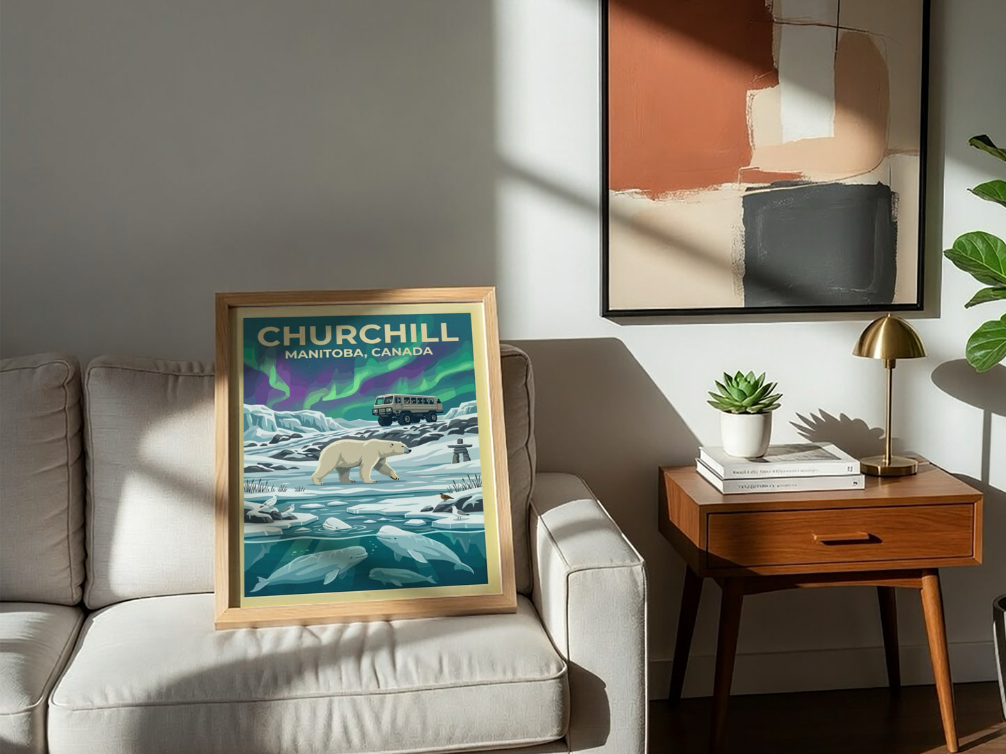 Travel poster of Churchill Manitoba featuring a polar bear, beluga whales, and aurora.