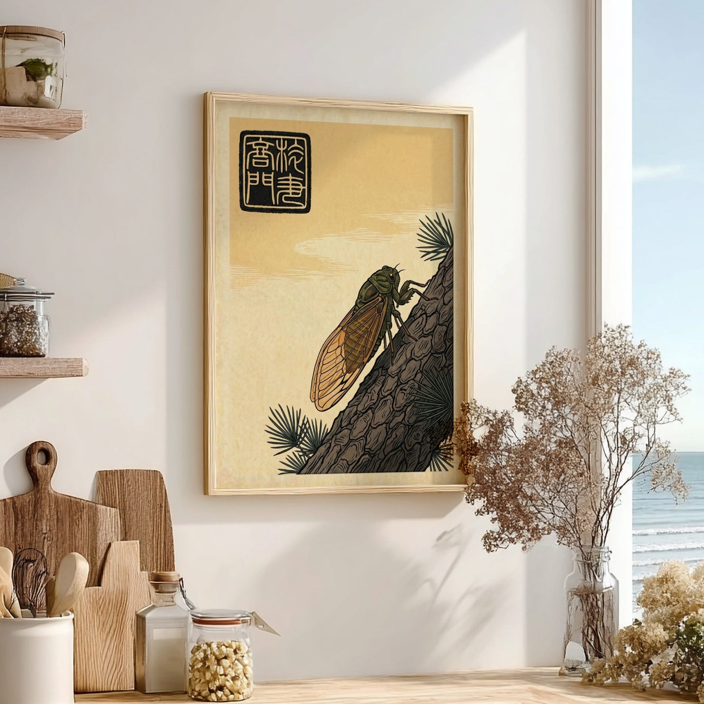 Japanese art style poster featuring a cicada on pine bark with intricate details and natural colors