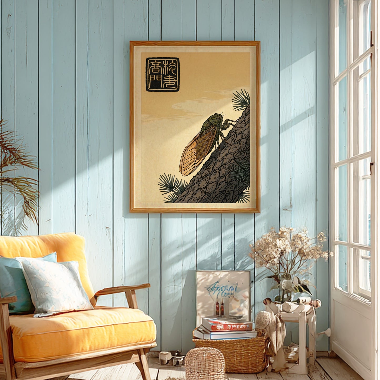 Japanese art style poster featuring a cicada on pine bark with intricate details and natural colors