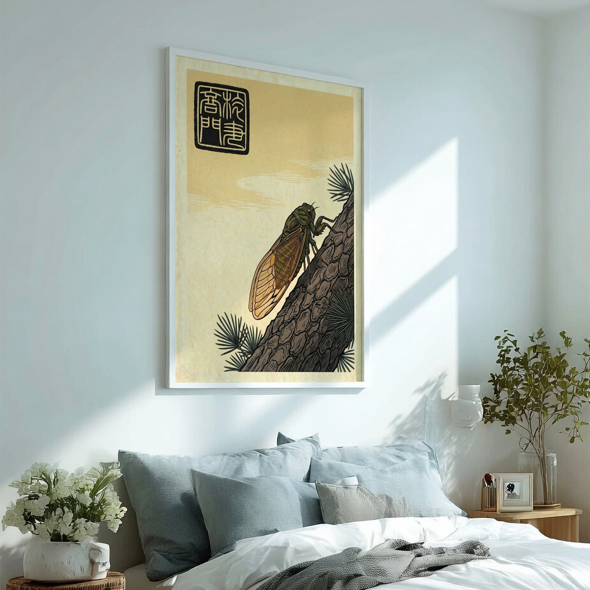 Japanese art style poster featuring a cicada on pine bark with intricate details and natural colors