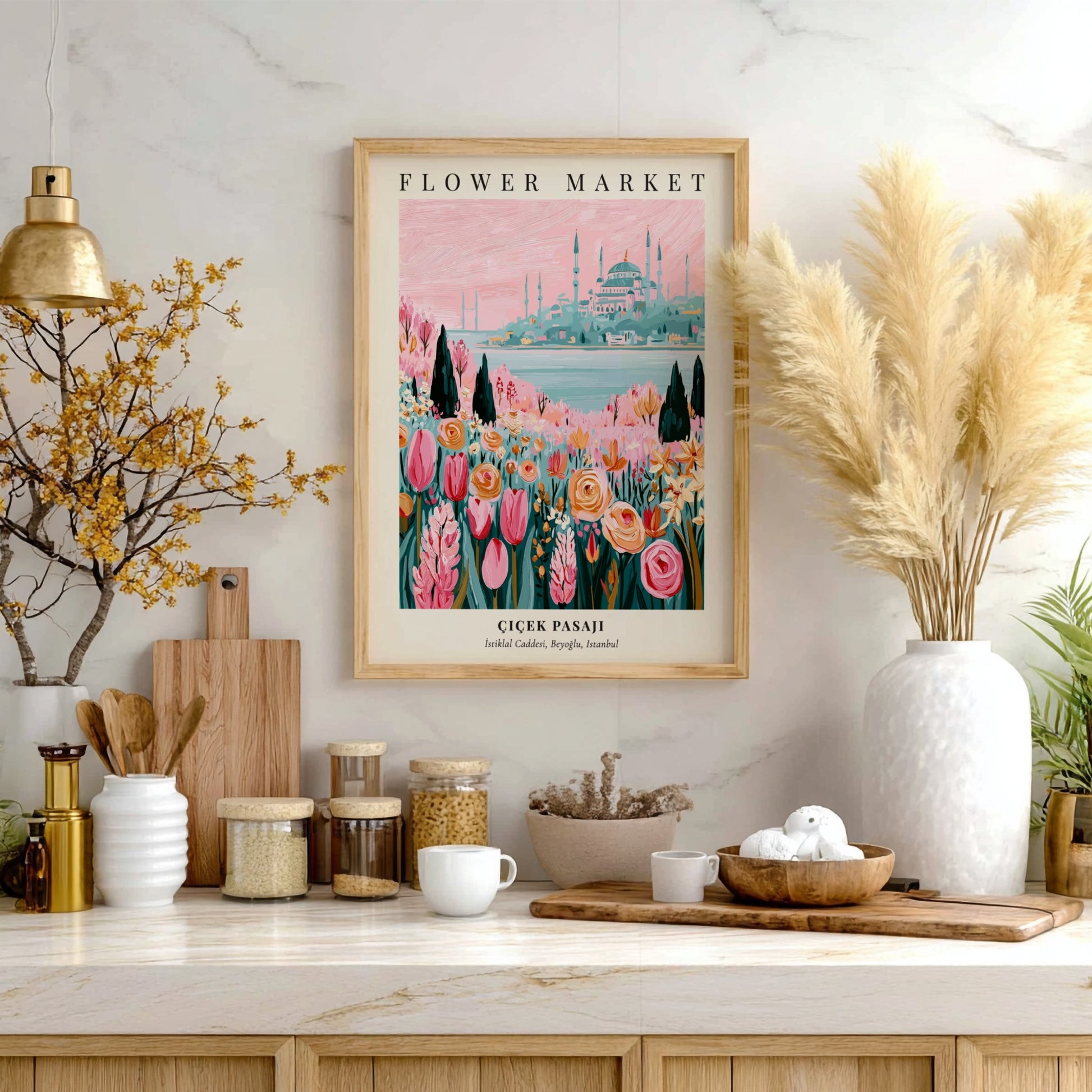 Flower Market artwork featuring colorful flowers and Istanbul skyline, vibrant illustration style