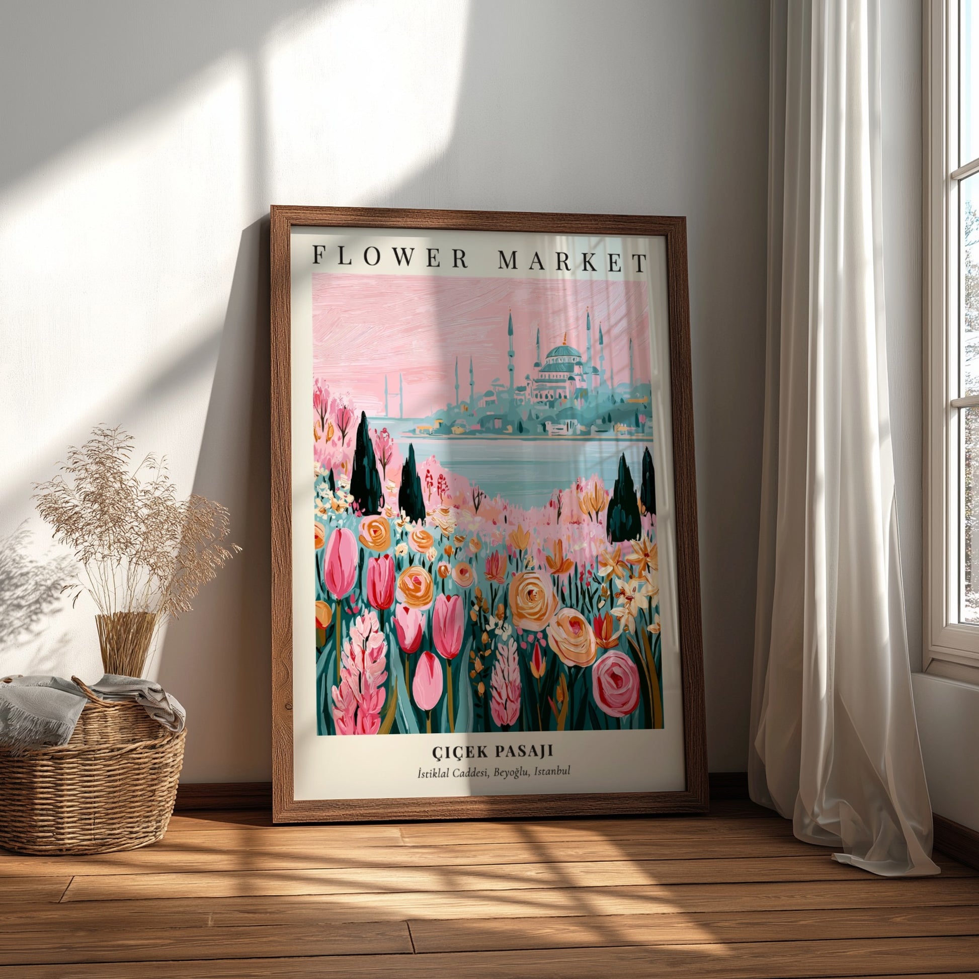Flower Market artwork featuring colorful flowers and Istanbul skyline, vibrant illustration style