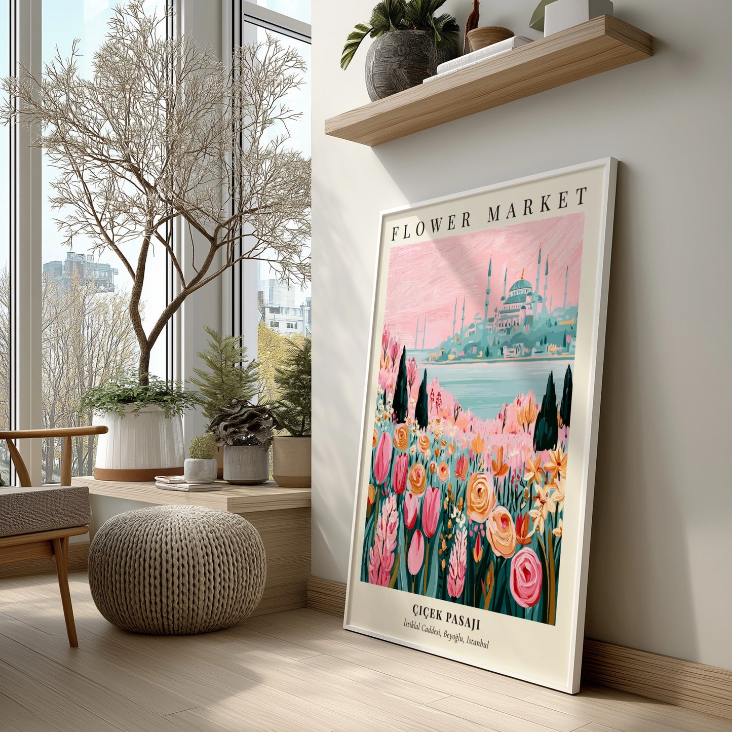 Flower Market artwork featuring colorful flowers and Istanbul skyline, vibrant illustration style