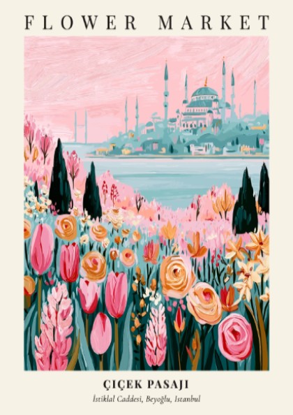 Flower Market artwork featuring colorful flowers and Istanbul skyline, vibrant illustration style