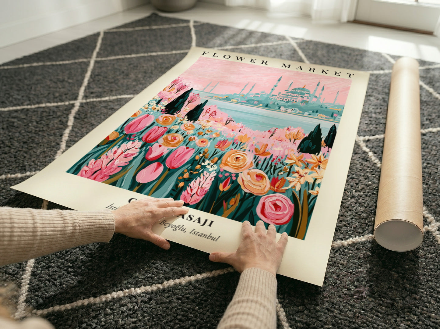 Flower Market artwork featuring colorful flowers and Istanbul skyline, vibrant illustration style