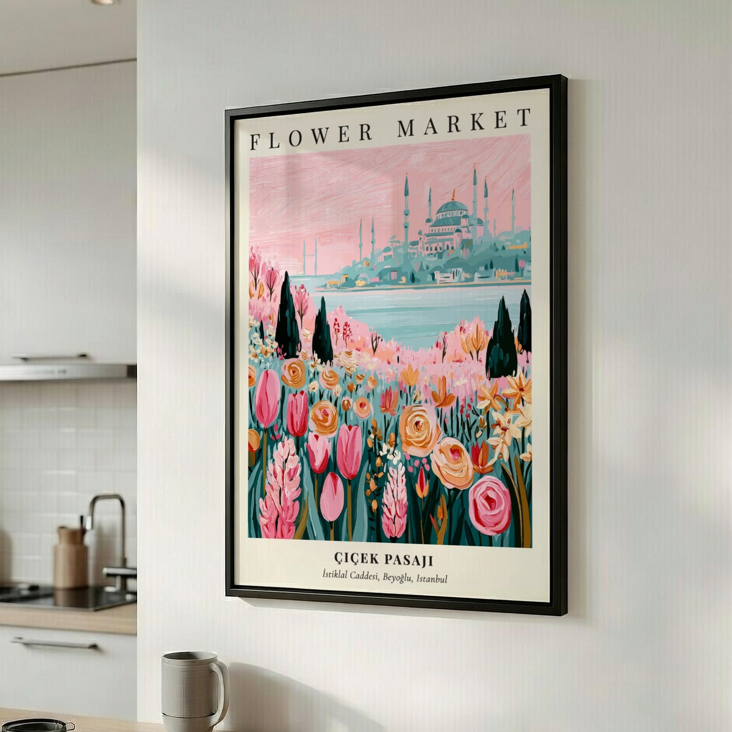 Flower Market artwork featuring colorful flowers and Istanbul skyline, vibrant illustration style