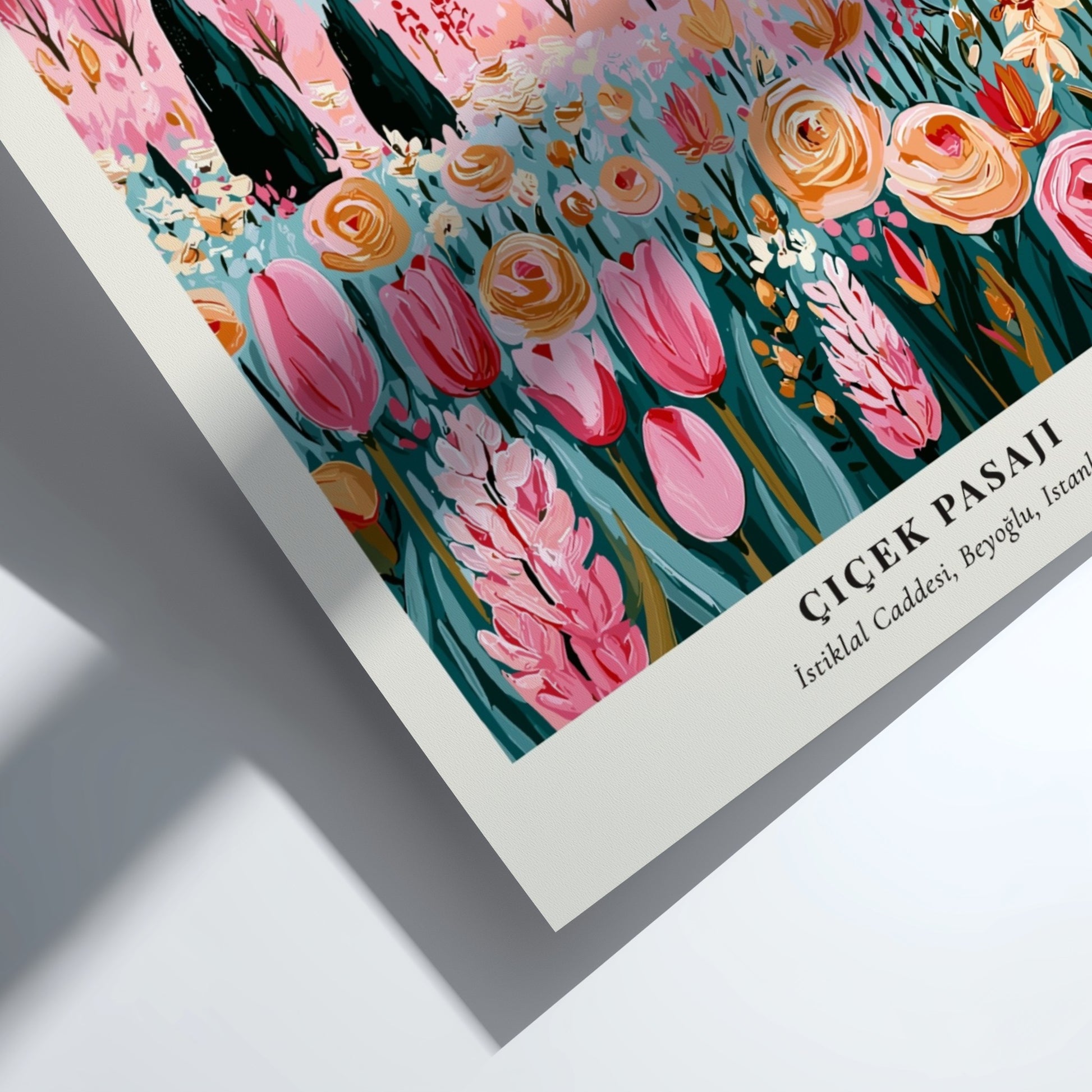Flower Market artwork featuring colorful flowers and Istanbul skyline, vibrant illustration style