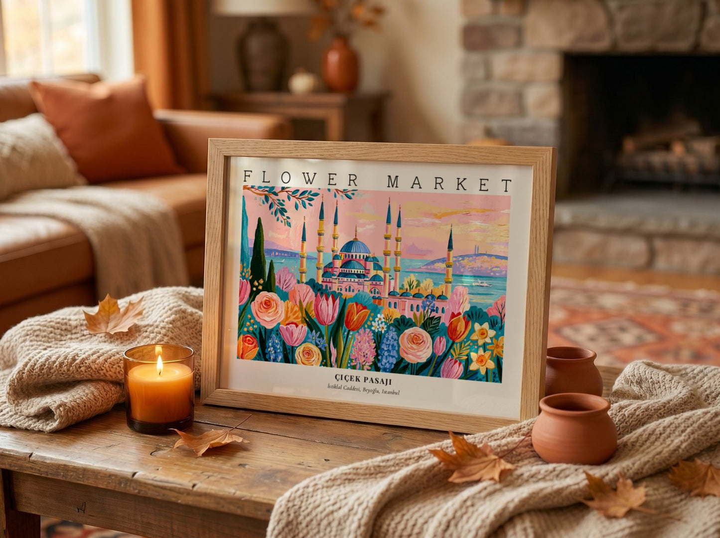 Flower market poster featuring vibrant flowers and Istanbul skyline in a colorful art style