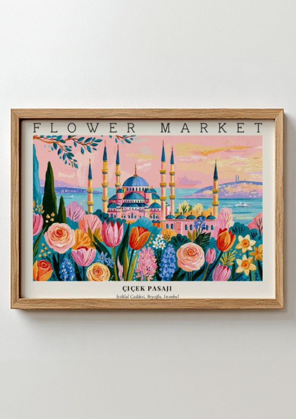 Flower market poster featuring vibrant blooms and a scenic landscape in colorful hues