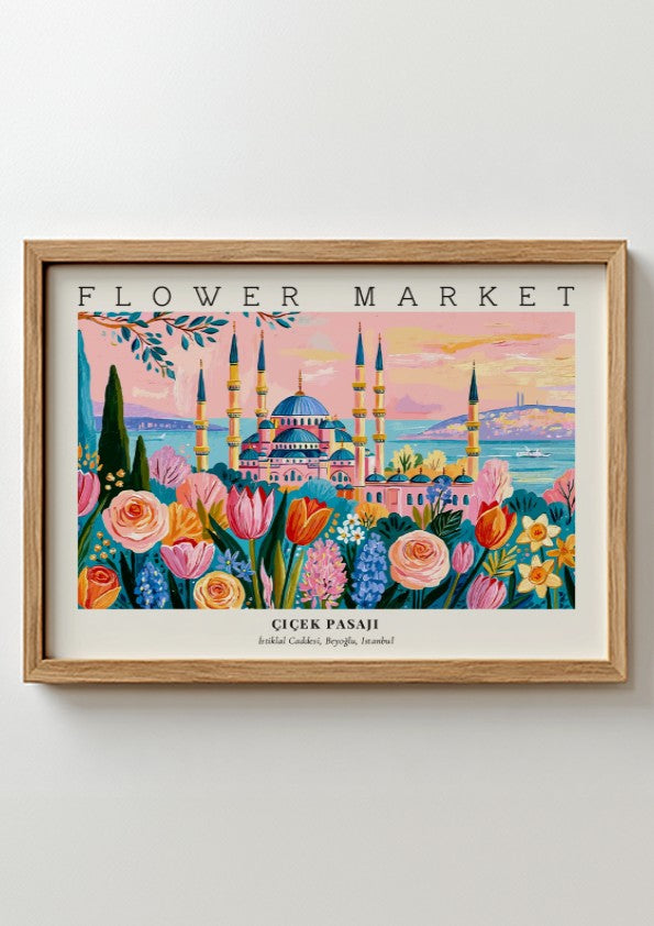 Flower market poster featuring vibrant flowers and Istanbul skyline in a colorful art style