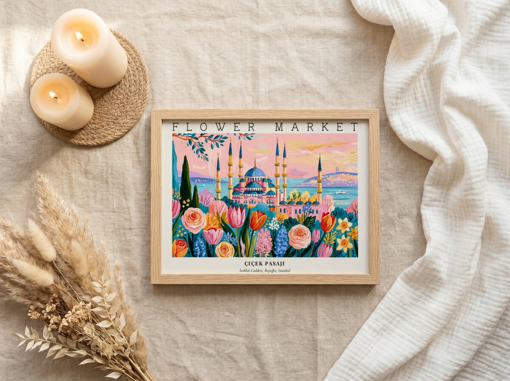 Flower market poster featuring vibrant blooms and a scenic landscape in colorful hues