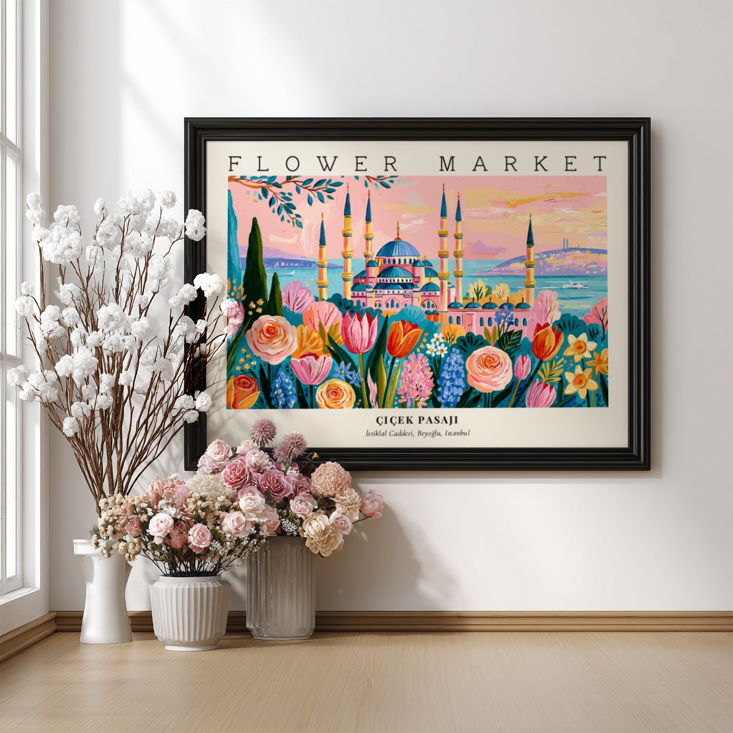 Flower market poster featuring vibrant blooms and a scenic landscape in colorful hues
