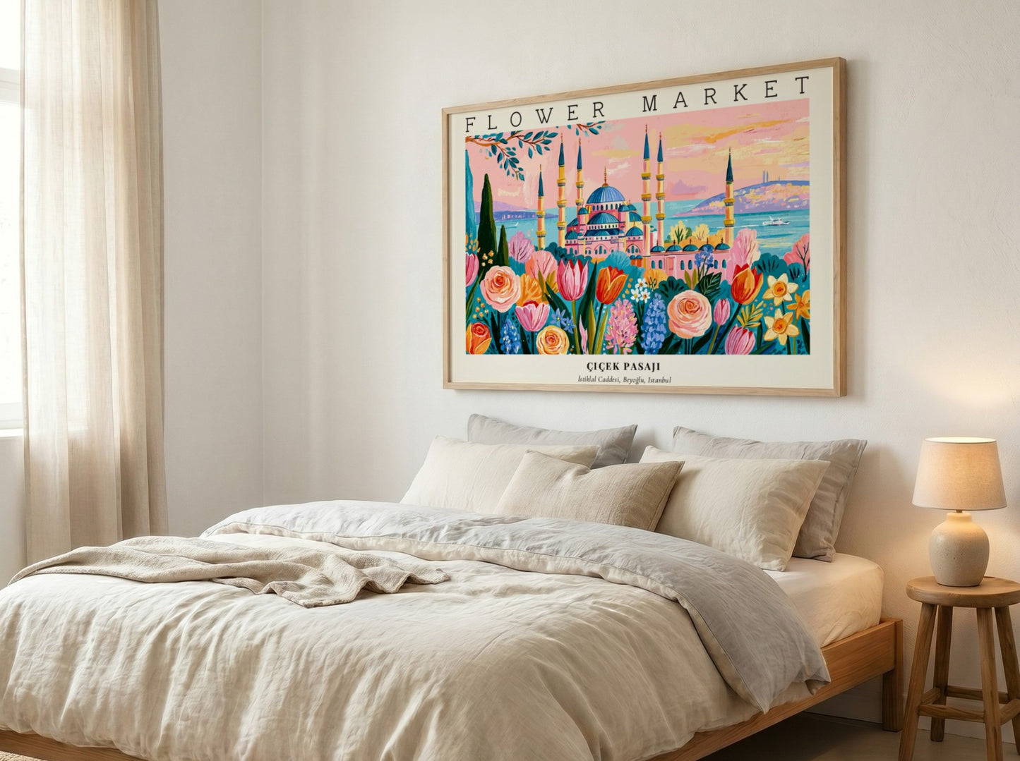 Flower market poster featuring vibrant blooms and a scenic landscape in colorful hues