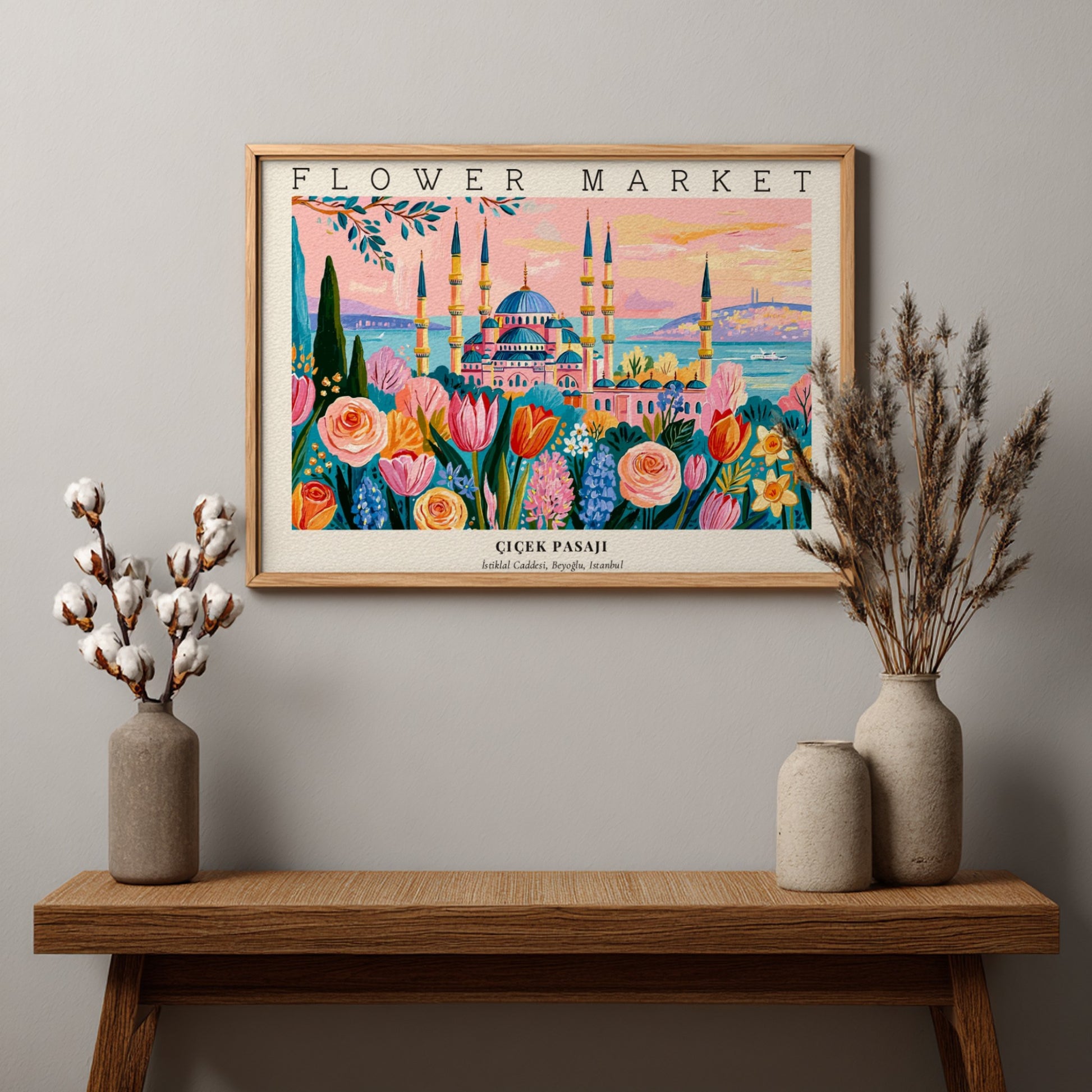 Flower market poster featuring vibrant blooms and a scenic landscape in colorful hues