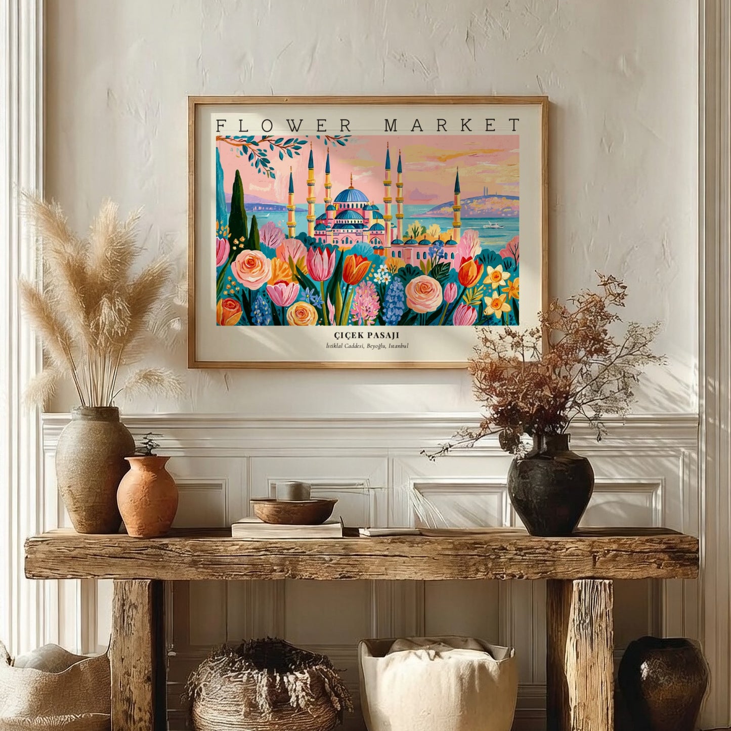 Flower market poster featuring vibrant flowers and Istanbul skyline in a colorful art style