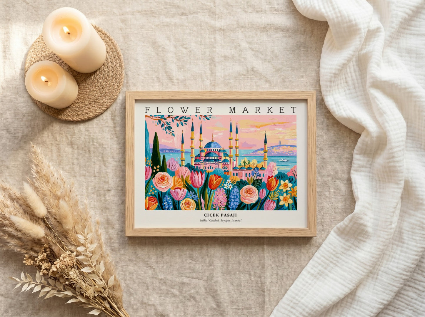 Flower market poster featuring vibrant flowers and Istanbul skyline in a colorful art style