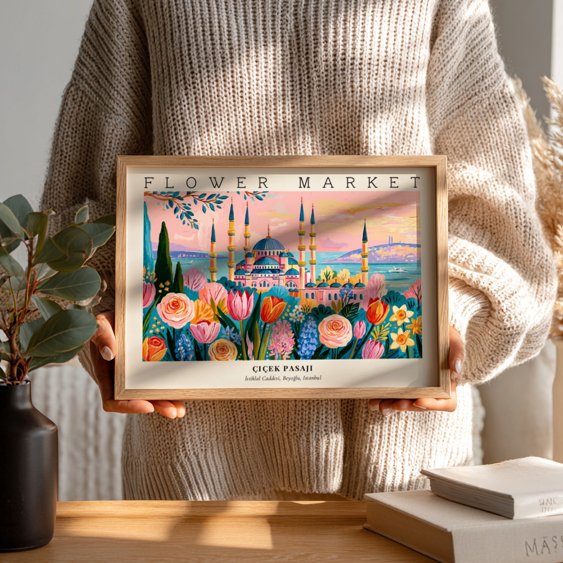 Flower market poster featuring vibrant blooms and a scenic landscape in colorful hues