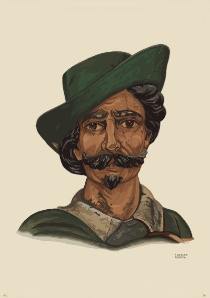 Vintage poster of a man with a green hat and mustache, illustration style.
