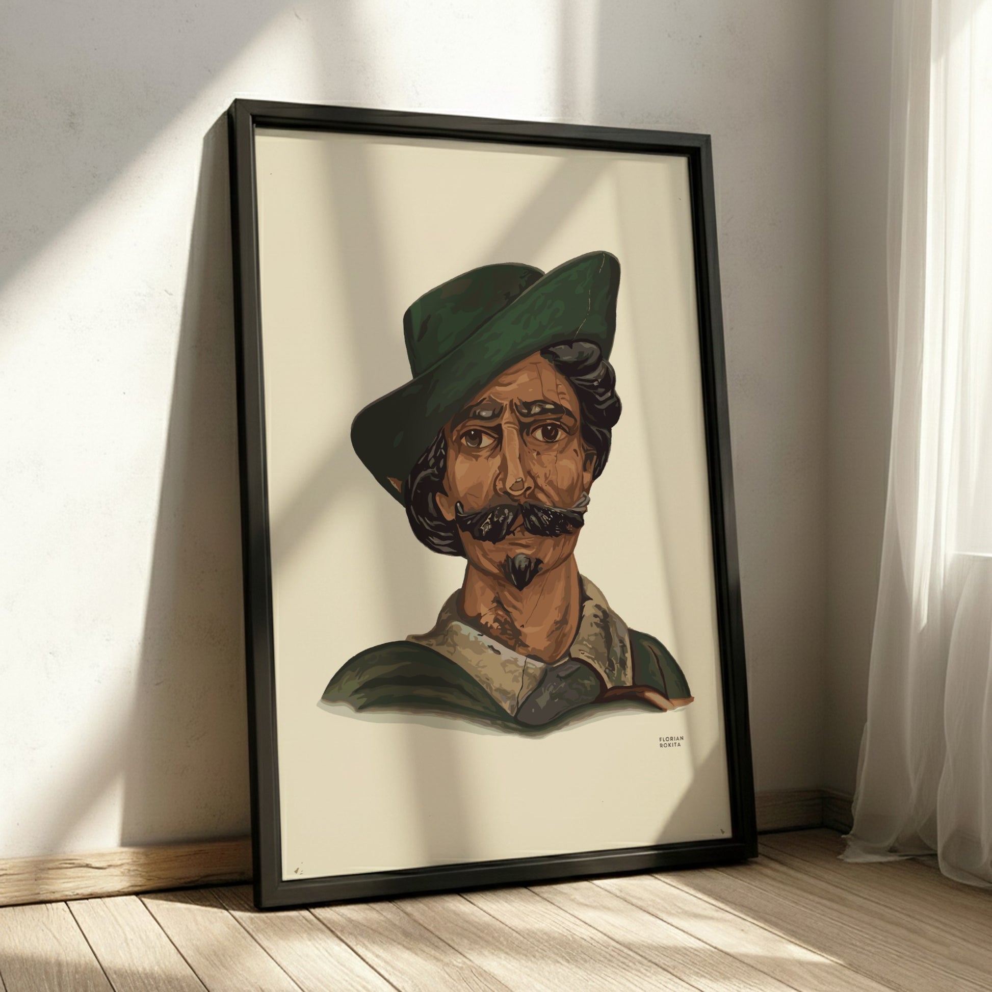 Vintage poster of a man with a green hat and mustache, illustration style.