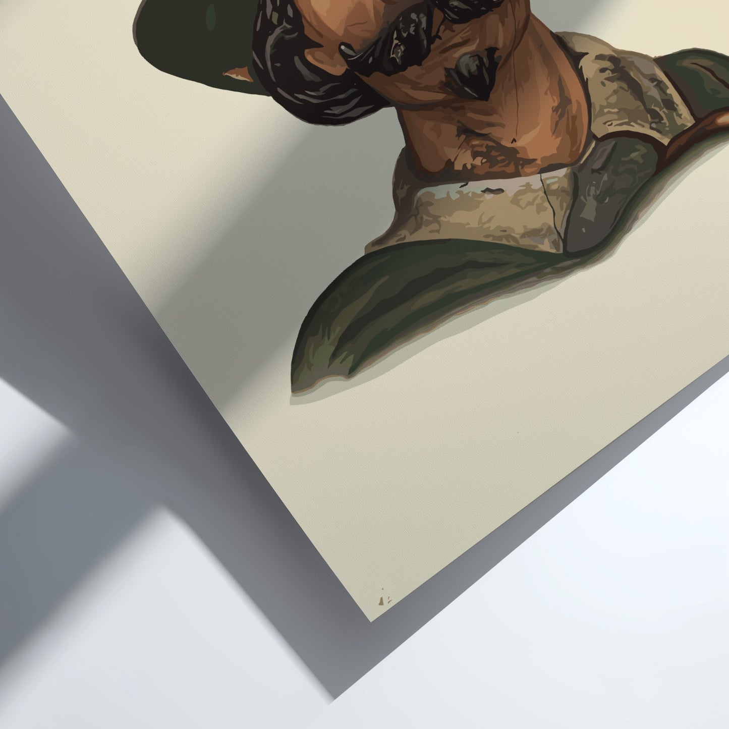 Vintage poster of a man with a green hat and mustache, illustration style.