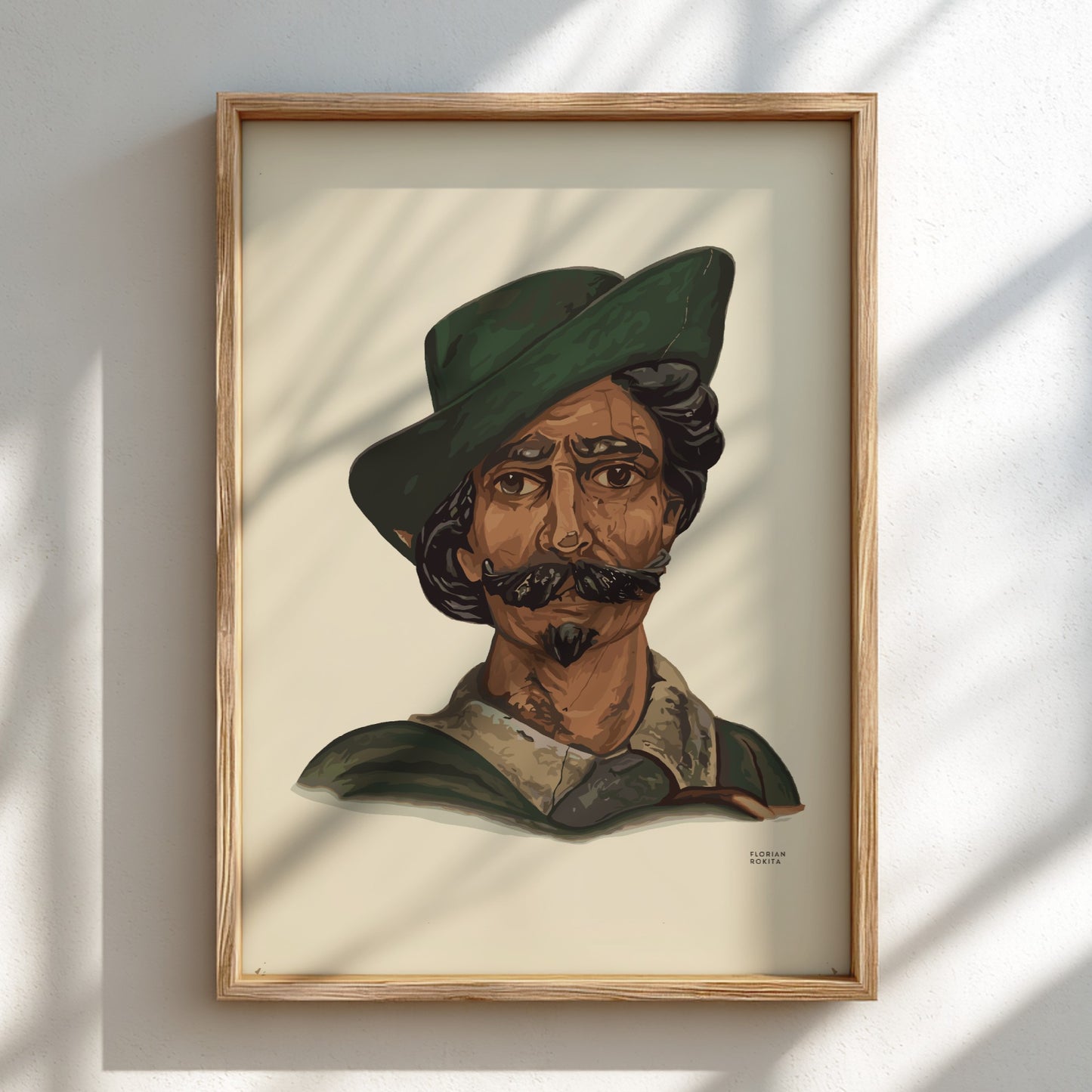 Vintage poster of a man with a green hat and mustache, illustration style.