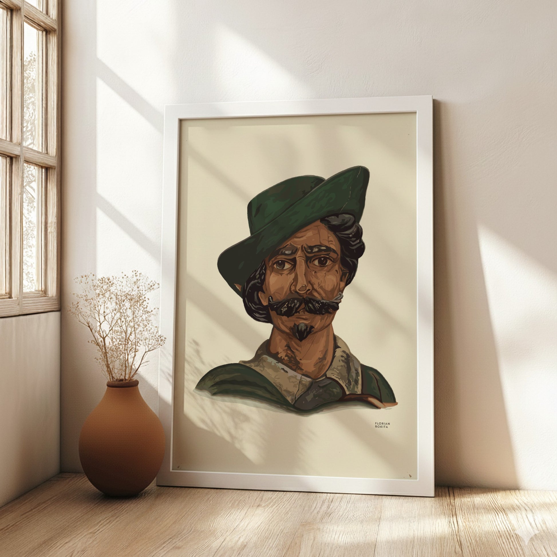 Vintage poster of a man with a green hat and mustache, illustration style.