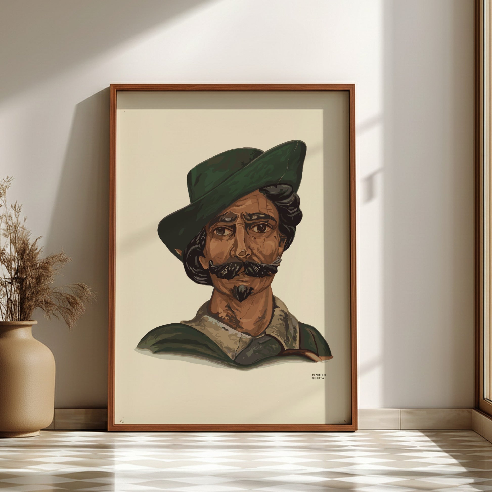 Vintage poster of a man with a green hat and mustache, illustration style.
