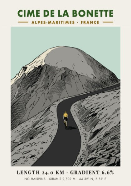 Poster of a lone cyclist riding up the winding Cime De La Bonette mountain.