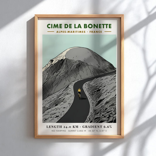 Poster of a lone cyclist riding up the winding Cime De La Bonette mountain.