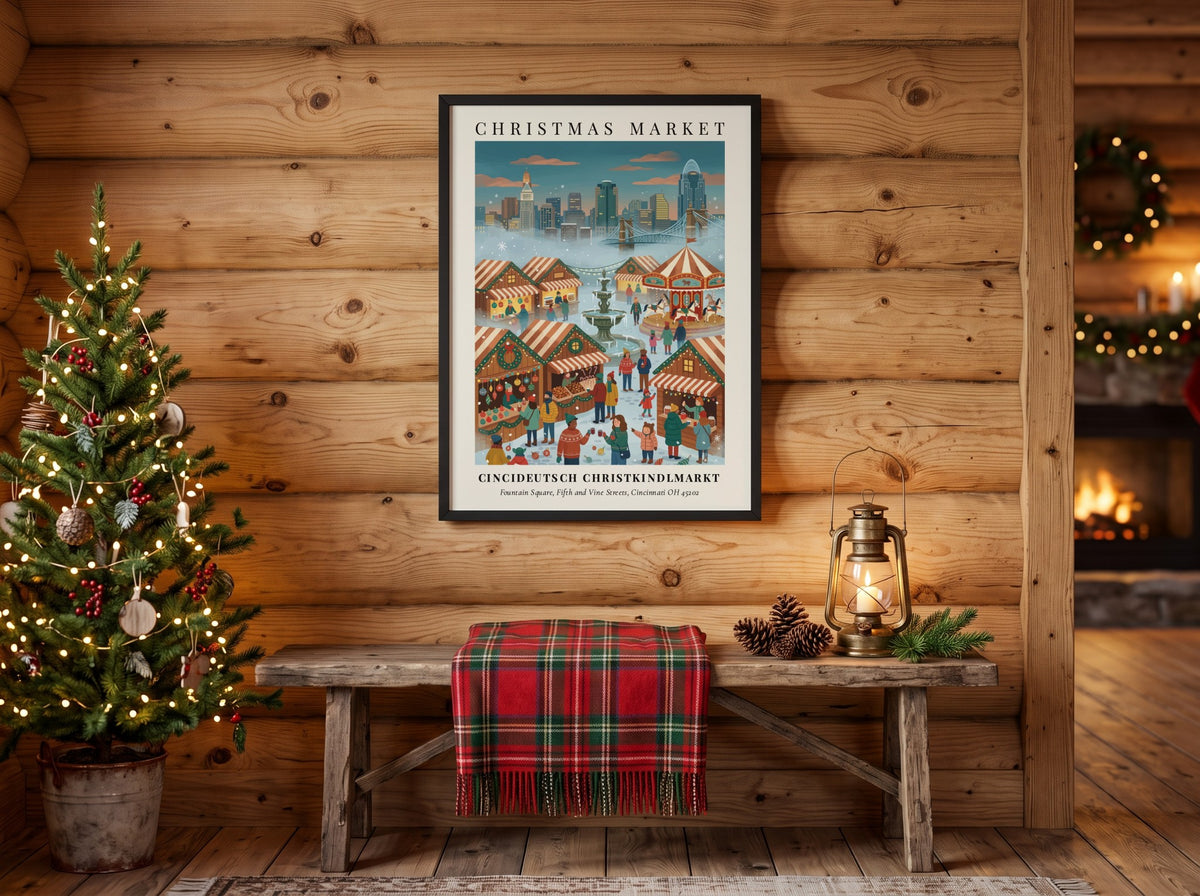 Poster featuring the Cincideutsch Christkindlmarkt with wooden stalls and a carousel in Cincinnati.