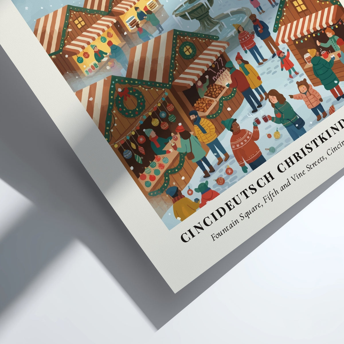 Poster featuring the Cincideutsch Christkindlmarkt with wooden stalls and a carousel in Cincinnati.